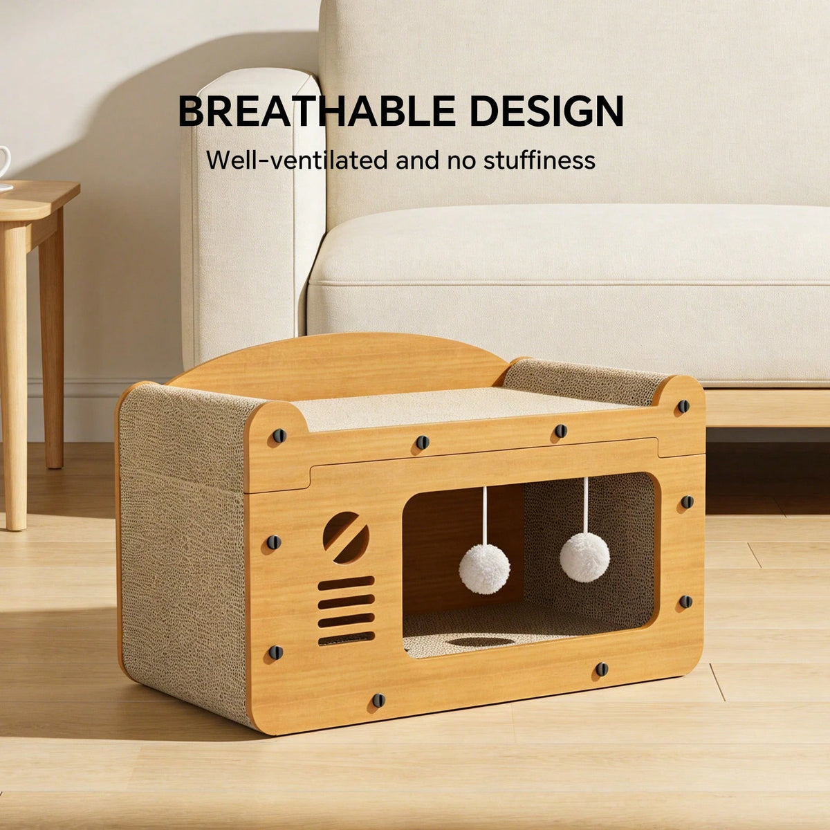 Double Layer Cardboard Cat Scratcher Lounge Bed With Pom Poms