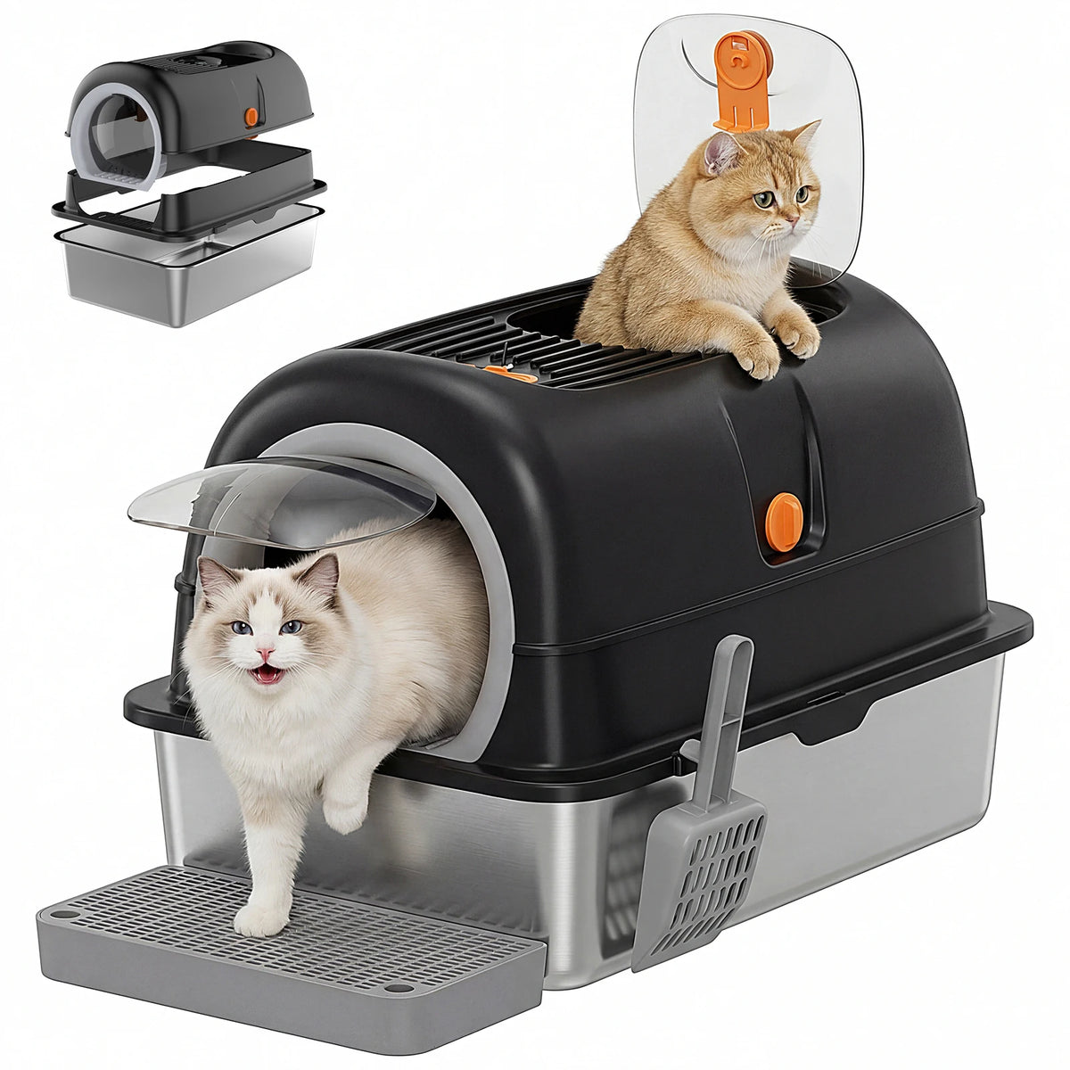 Stainless Steel Enclosed Cat Litter Box With Scoop And Mat