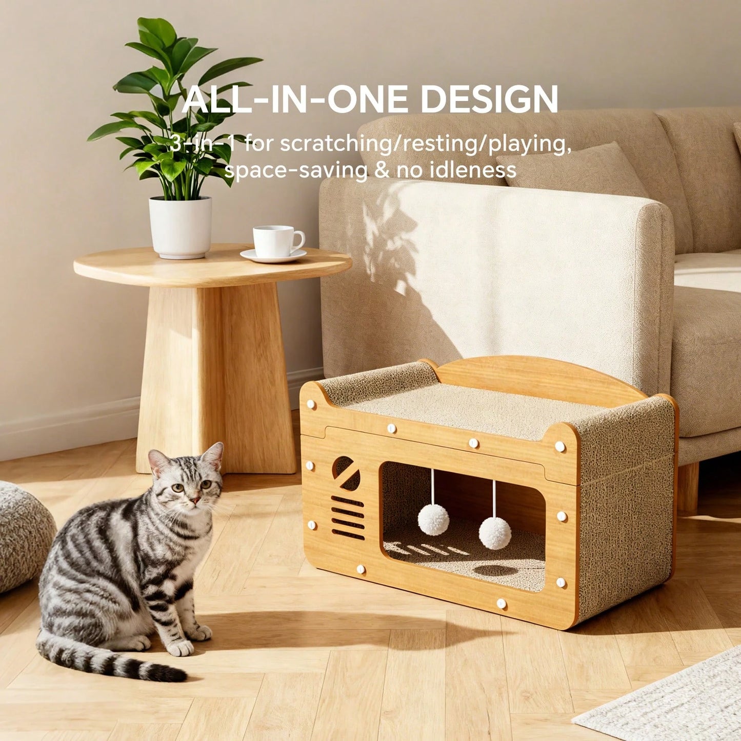 Double Layer Cardboard Cat Scratcher Lounge Bed With Pom Poms