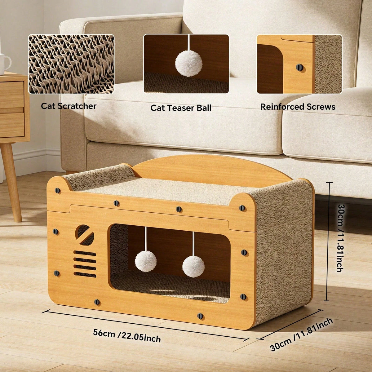 Double Layer Cardboard Cat Scratcher Lounge Bed With Pom Poms