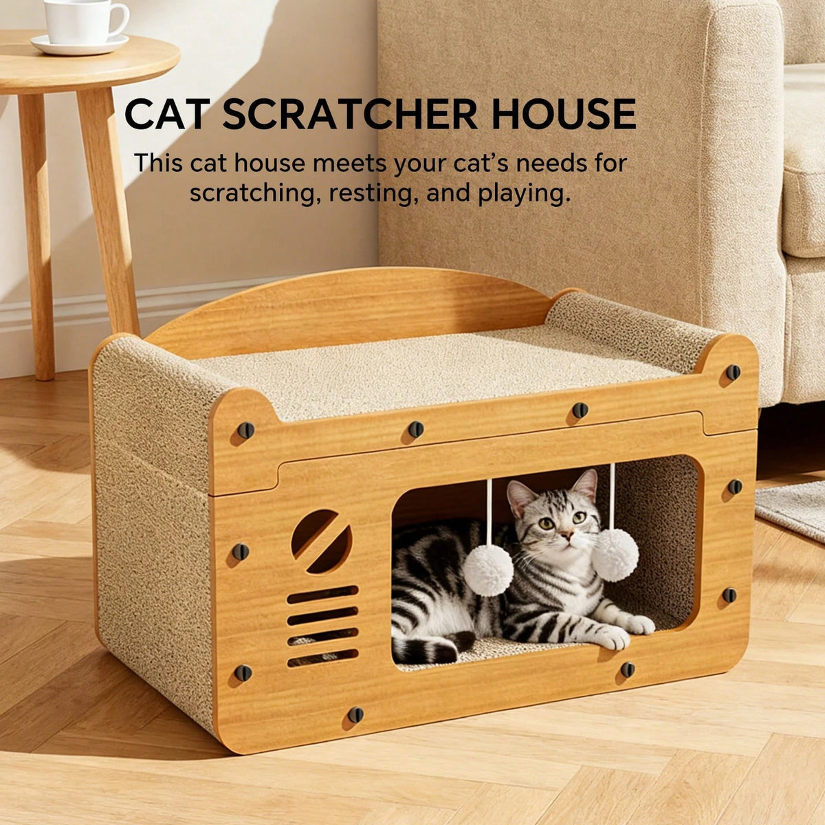 Double Layer Cardboard Cat Scratcher Lounge Bed With Pom Poms