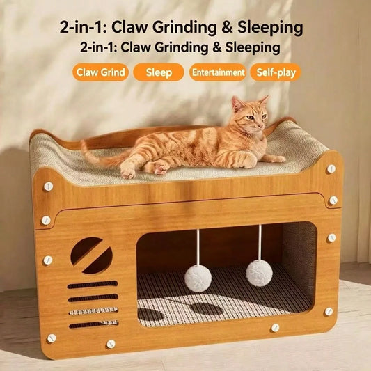 Double Layer Cardboard Cat Scratcher Lounge Bed With Pom Poms
