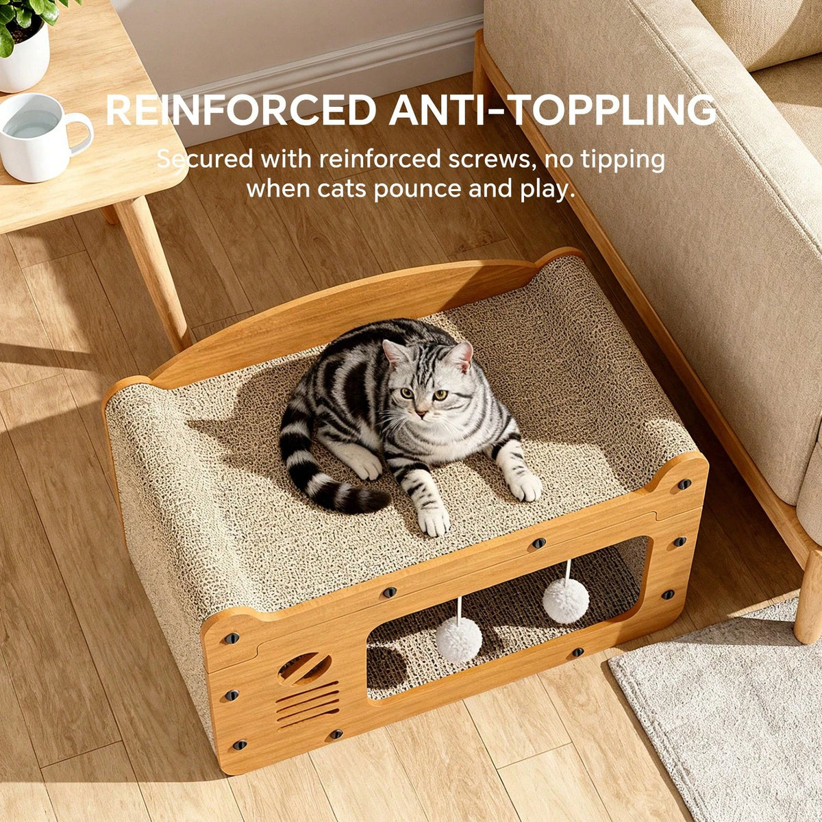 Double Layer Cardboard Cat Scratcher Lounge Bed With Pom Poms