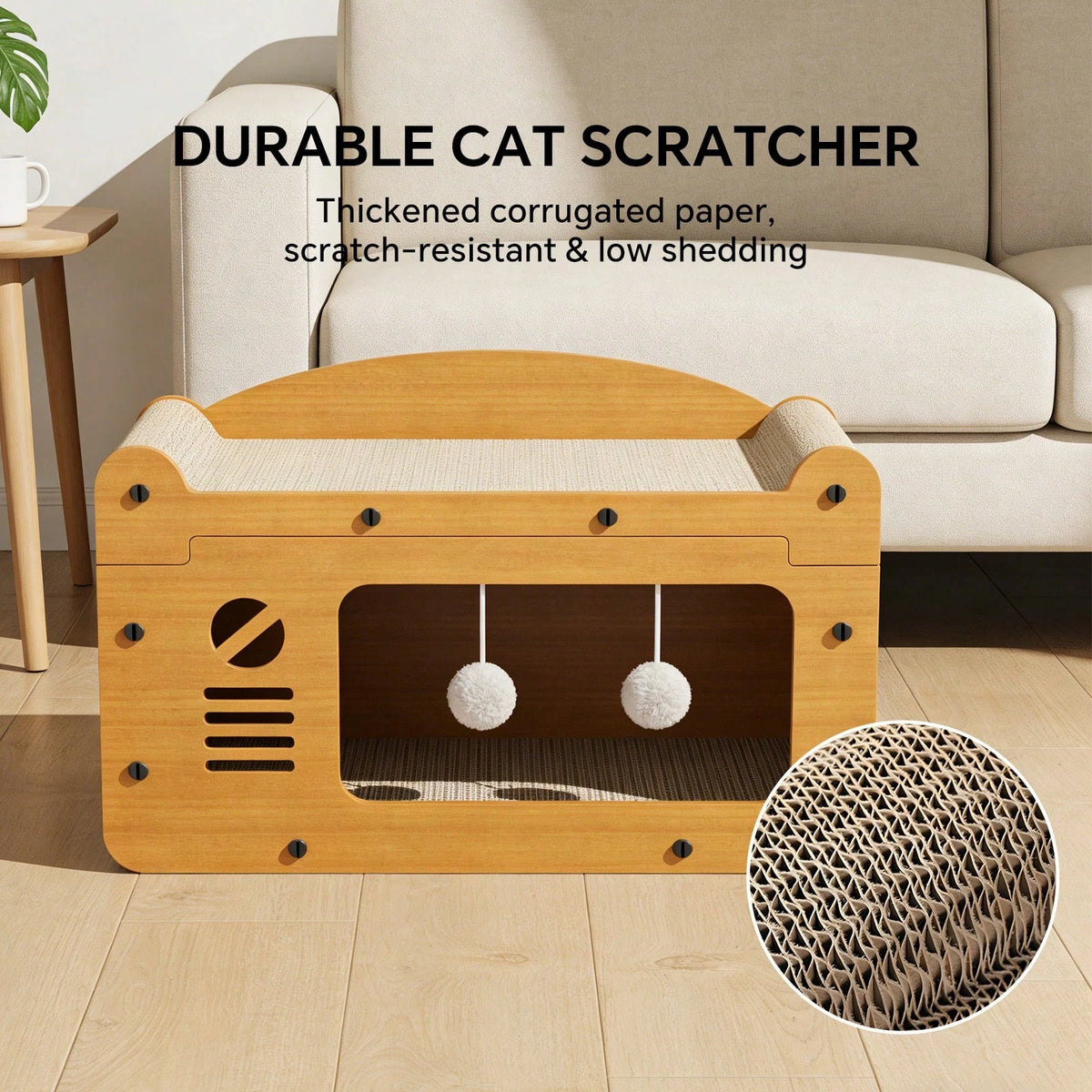 Double Layer Cardboard Cat Scratcher Lounge Bed With Pom Poms