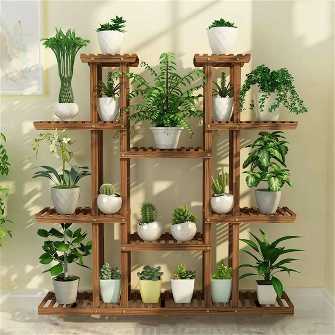 BINGOPAW Nine Tier Plant Stand Outdoor Indoor Wood Flower Rack