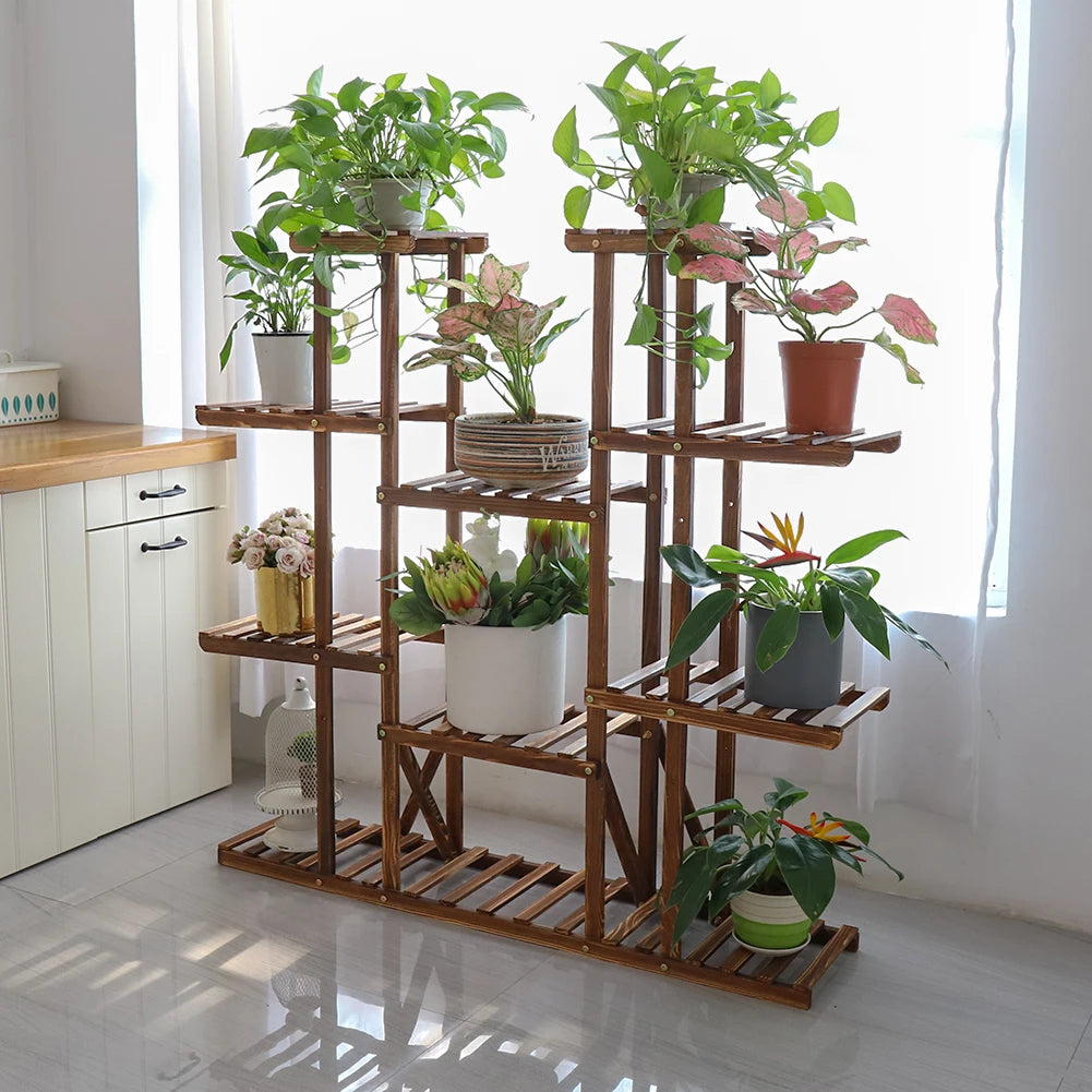 BINGOPAW Nine Tier Plant Stand Outdoor Indoor Wood Flower Rack