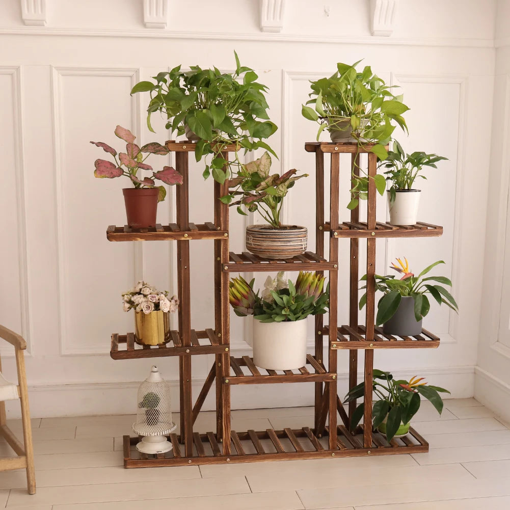 BINGOPAW Nine Tier Plant Stand Outdoor Indoor Wood Flower Rack
