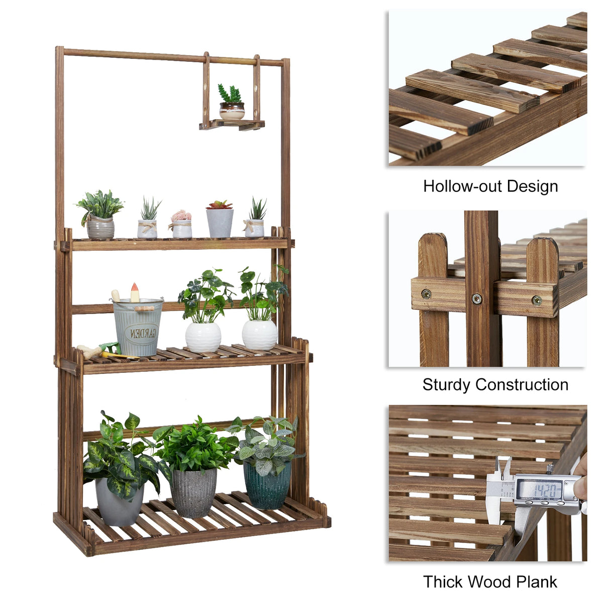 Heavy Duty Wooden 3-Tier Hanging Plant Stand For Indoor Outdoor
