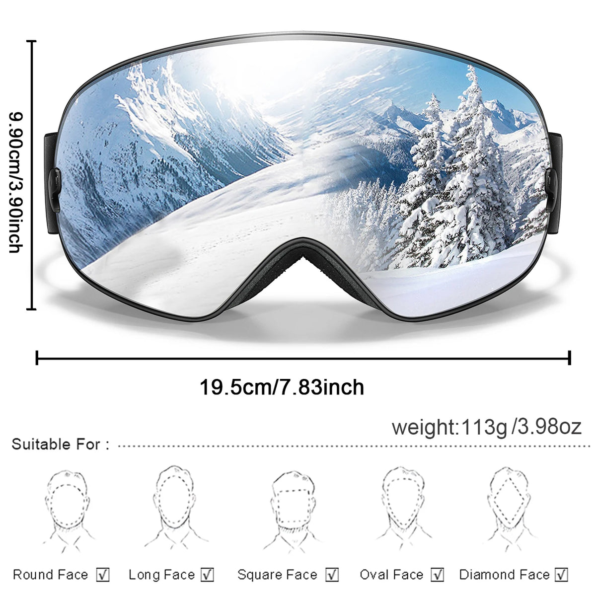 Unisex UV400 Anti Fog Ski Goggles With Polycarbonate Tpu Frame