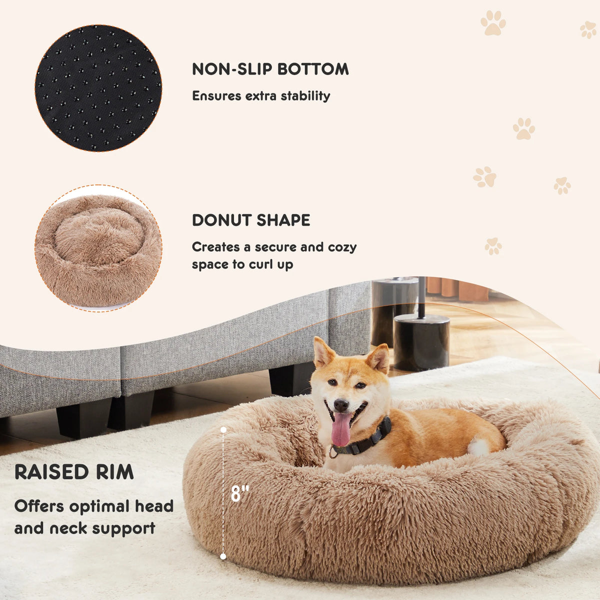 JHK Calming Dog Bed Plush Faux Fur Washable Anti Slip