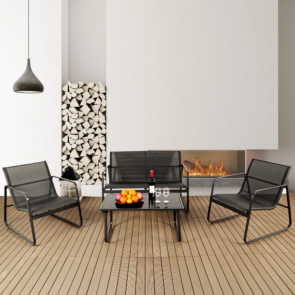 JHK Outdoor Patio Furniture 4 Piece Set Table Metal Frame