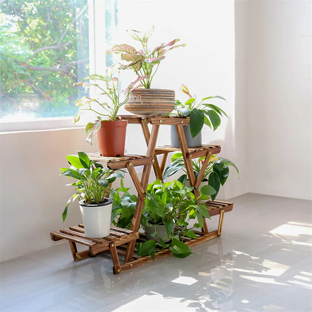 Carbonized Triangle 6-Tier Corner Wood Plant Stand Indoor Outdoor