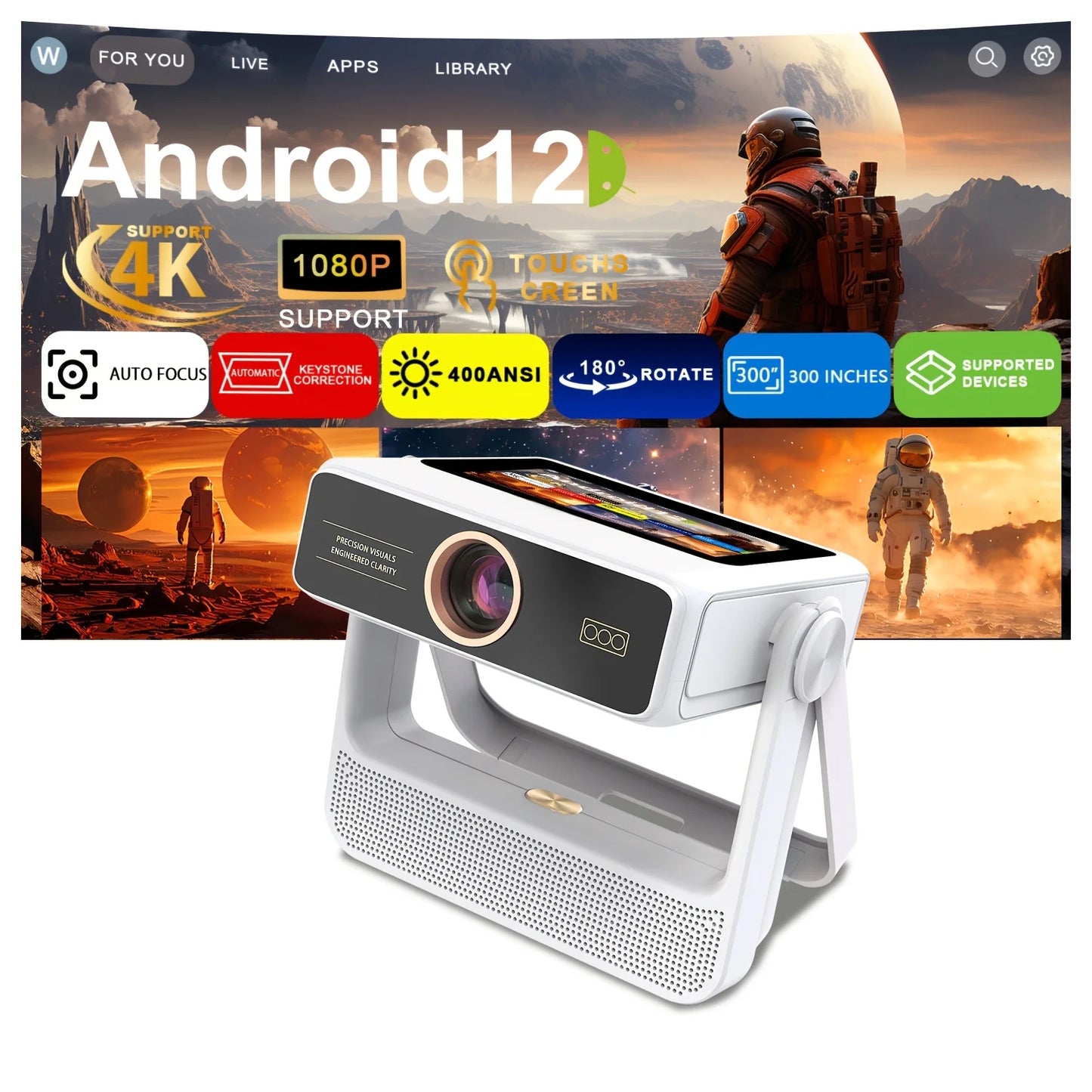4K Touch Screen Portable Projector With WiFi Bluetooth Auto Focus