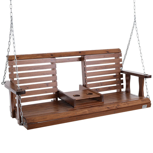 SucceBuy Cedar Wood Porch Swing Outdoor Patio Bench With Chains