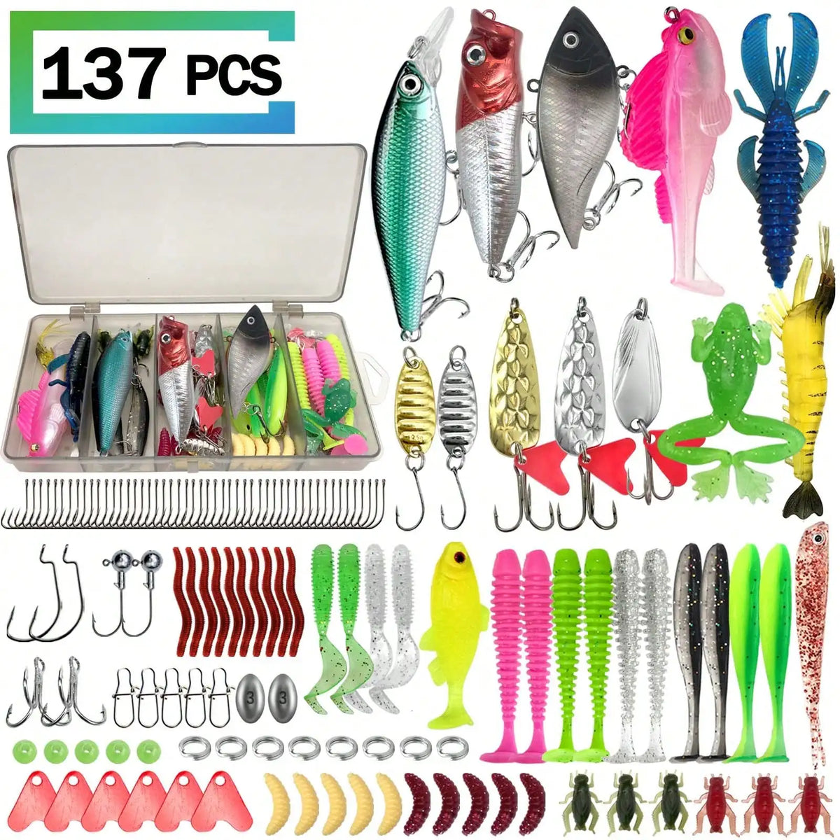 Complete Fishing Lure Set Featuring Soft Baits And Hooks