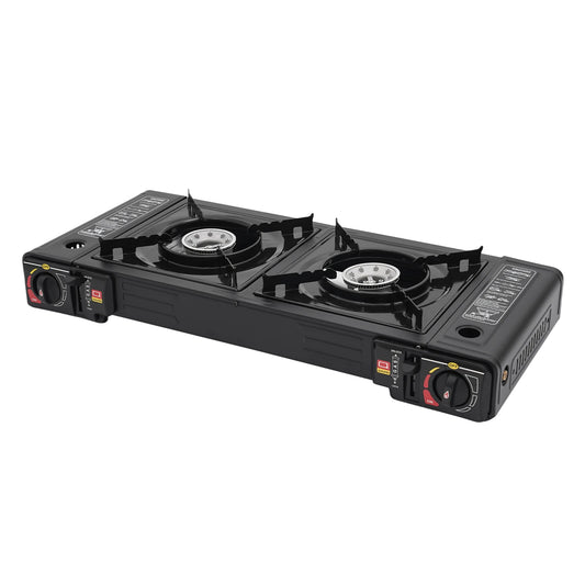 Portable Two Burner Camping Gas Stove With Plastic Storage Case
