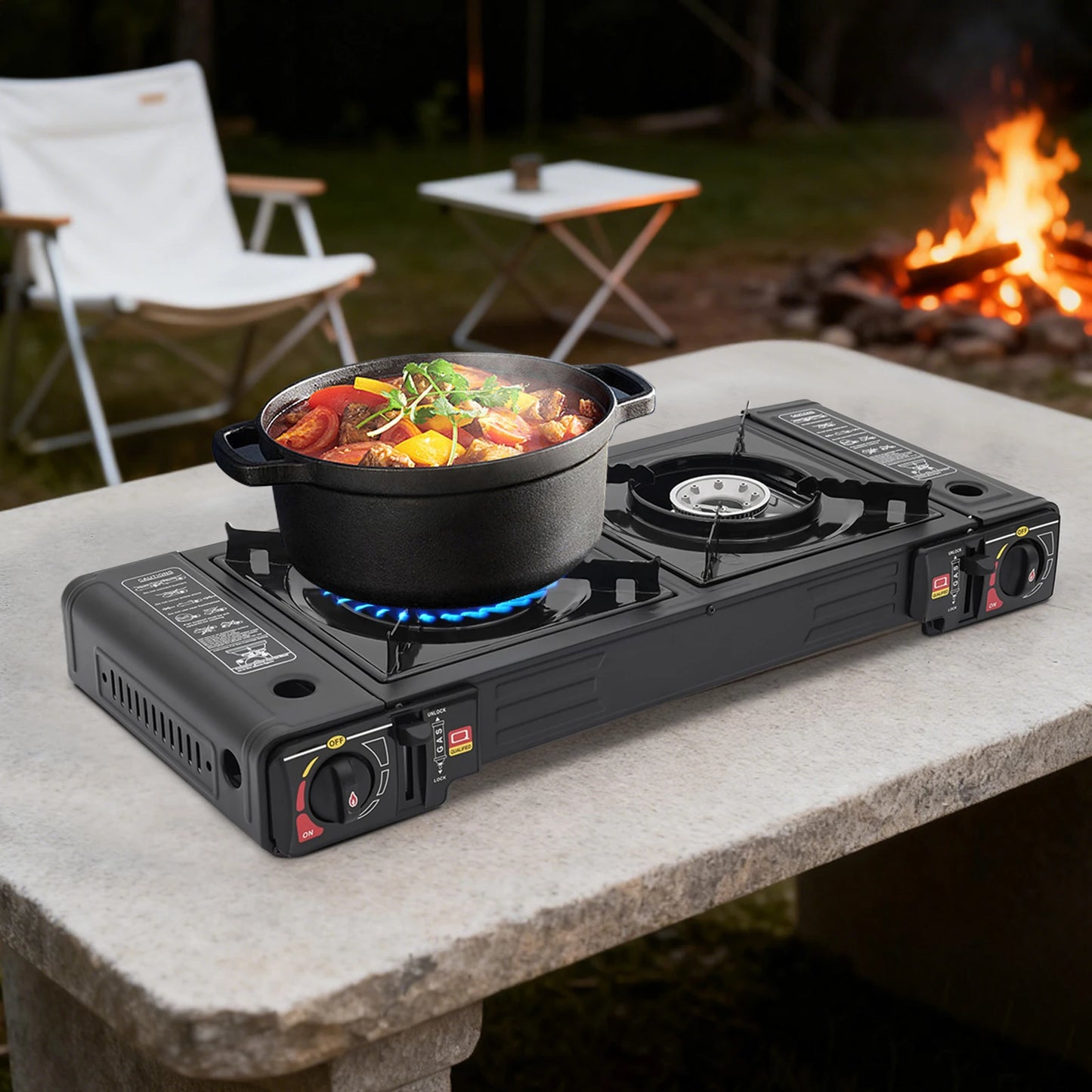 Portable Two Burner Camping Gas Stove With Plastic Storage Case