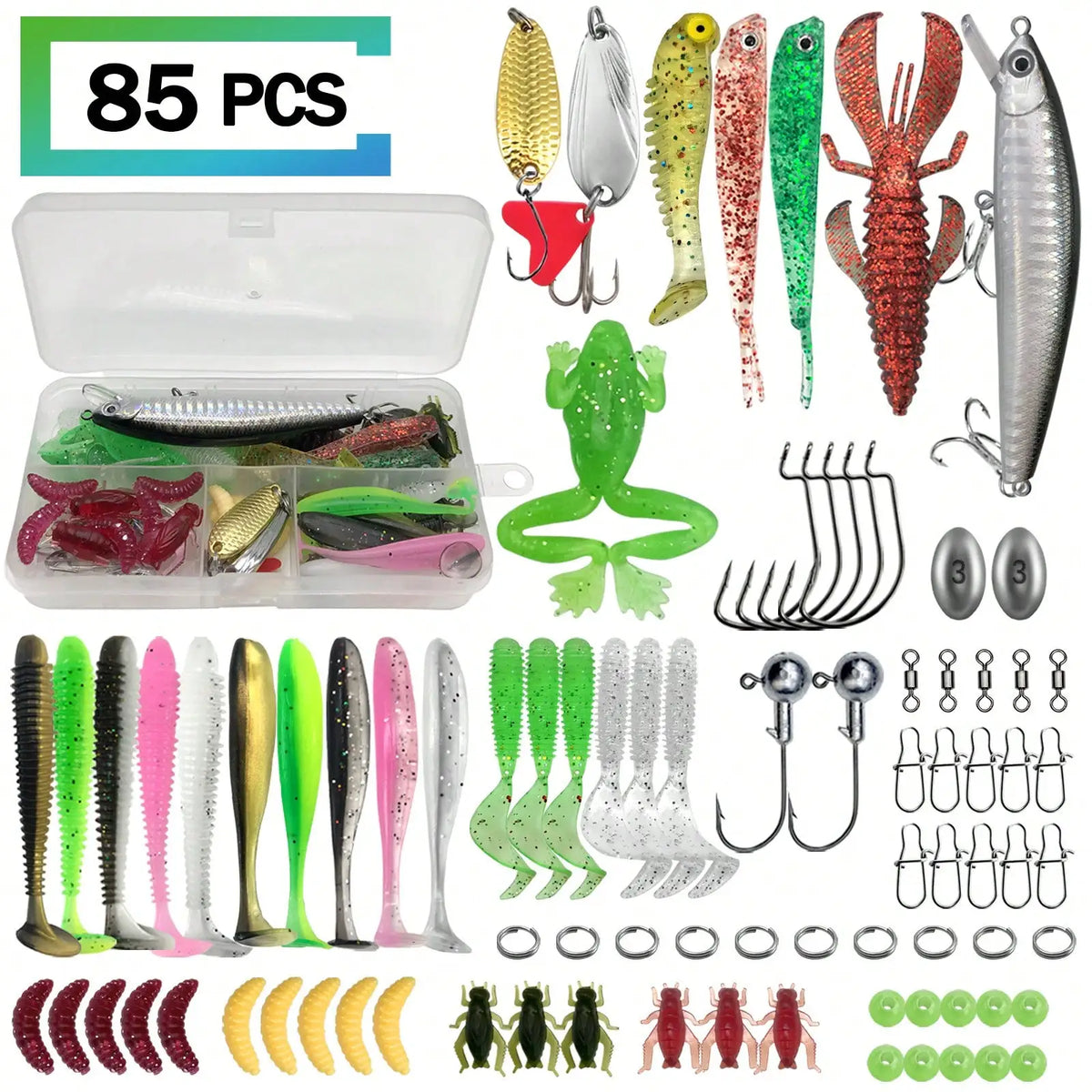 Complete Fishing Lure Set Featuring Soft Baits And Hooks