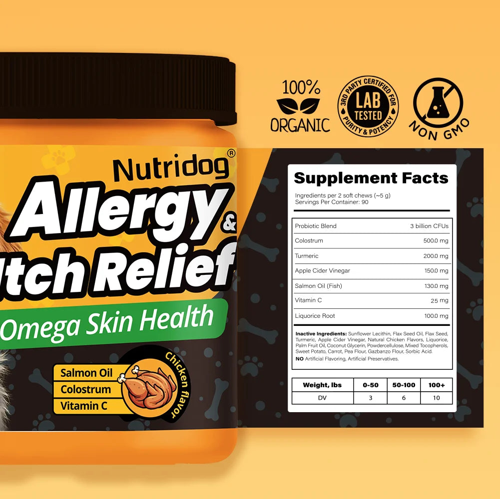 Nutridog Dog Allergy Relief Chews Omega Vitamin C Supplement