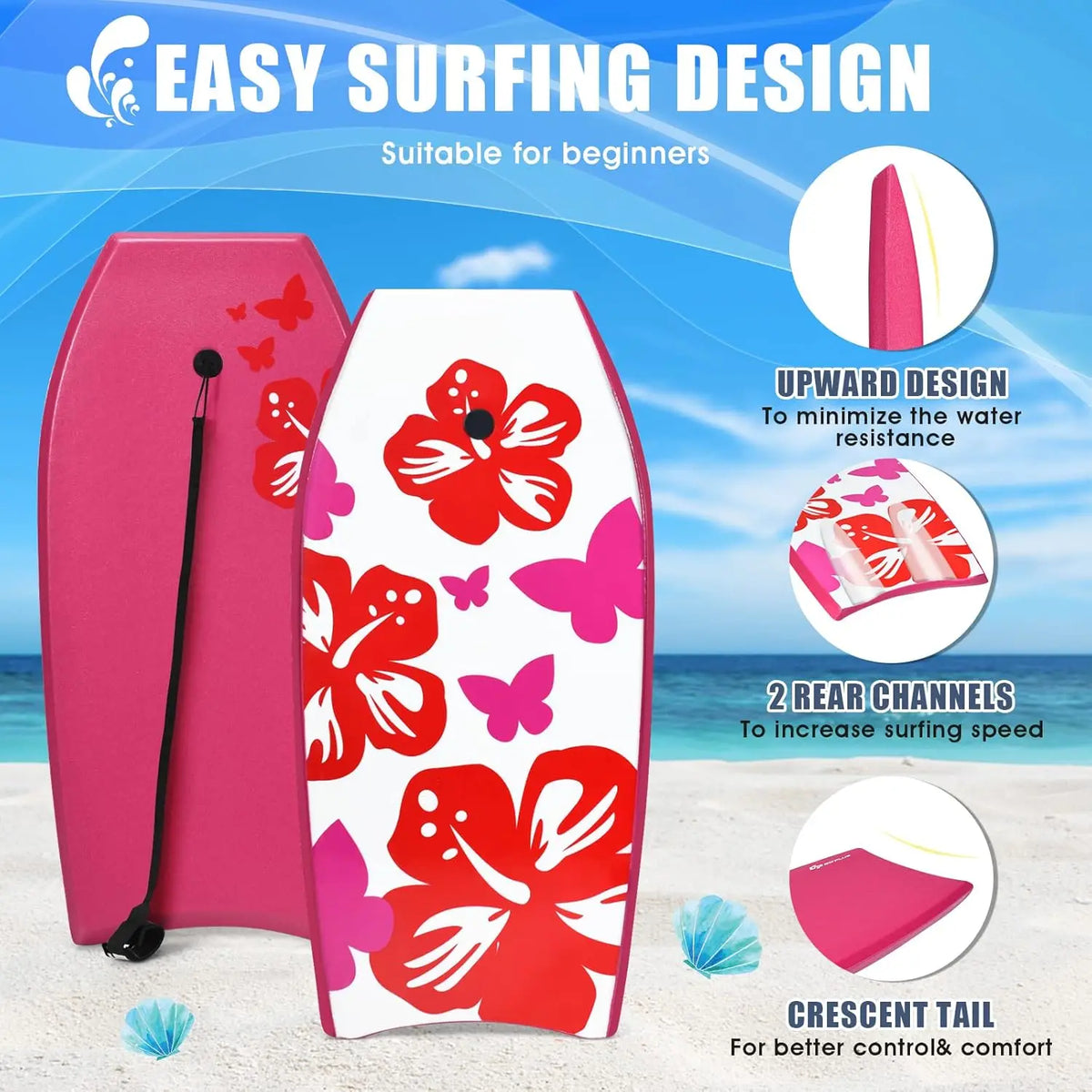 YTYIN Beach Bodyboard Lightweight With EPS Core XPE Deck HDPE Slick Bottom