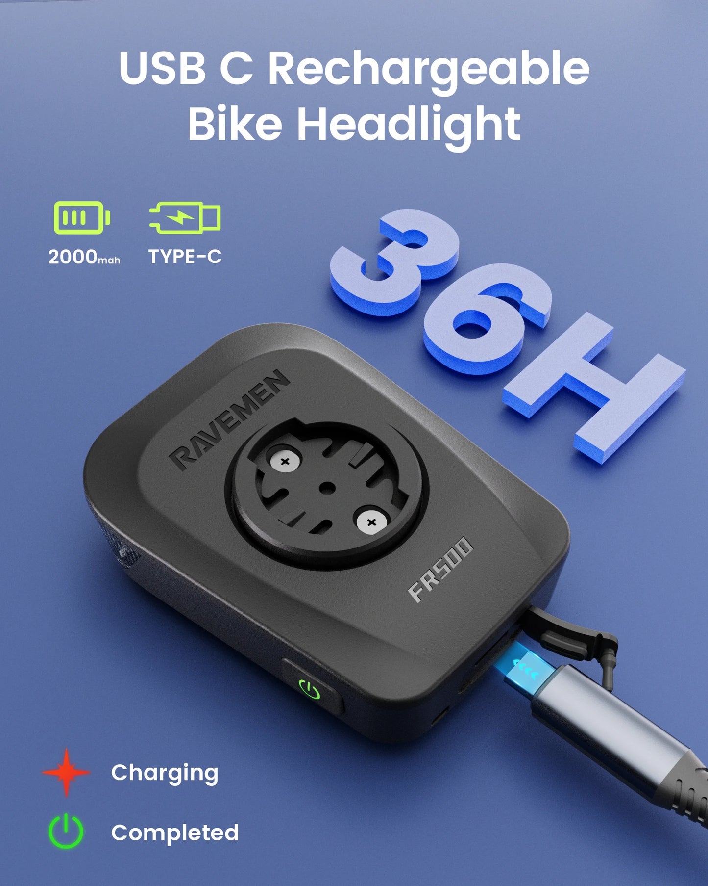 RAVEMEN FR500 Front Bike Light USB C Rechargeable IPX6 Waterproof