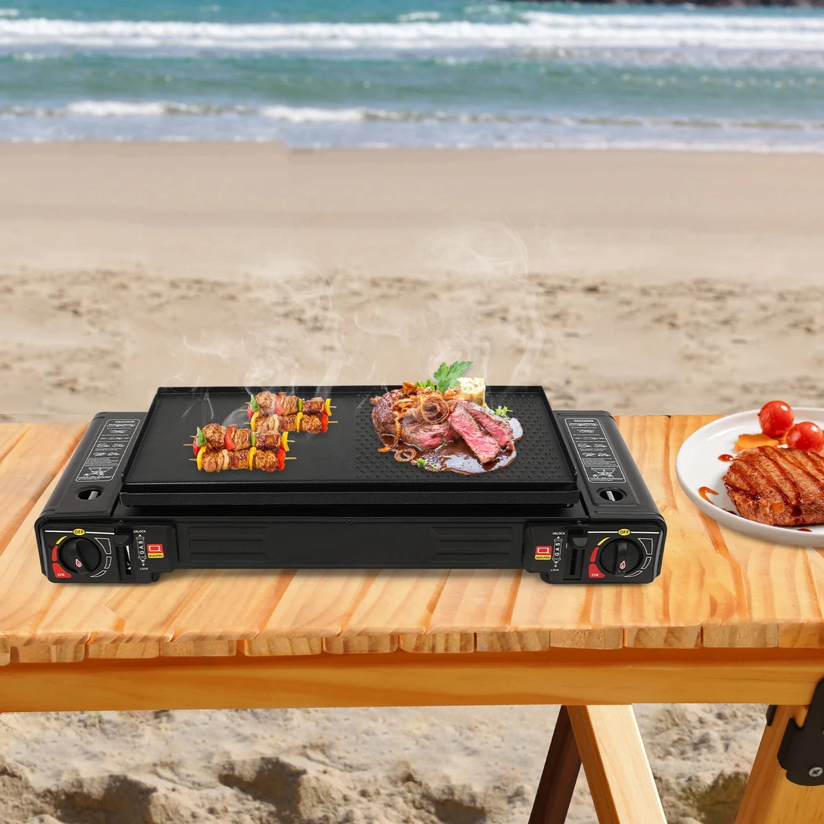 Portable Dual Burner Butane Camping Stove With Aluminum Baking Tray