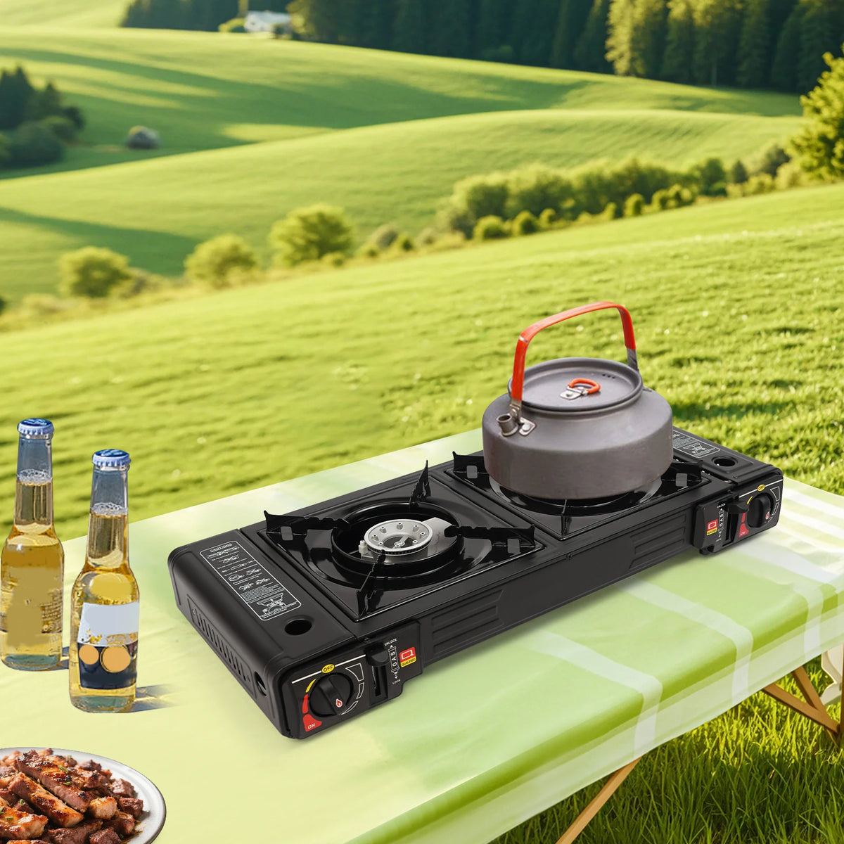 Portable Dual Burner Butane Camping Stove With Aluminum Baking Tray