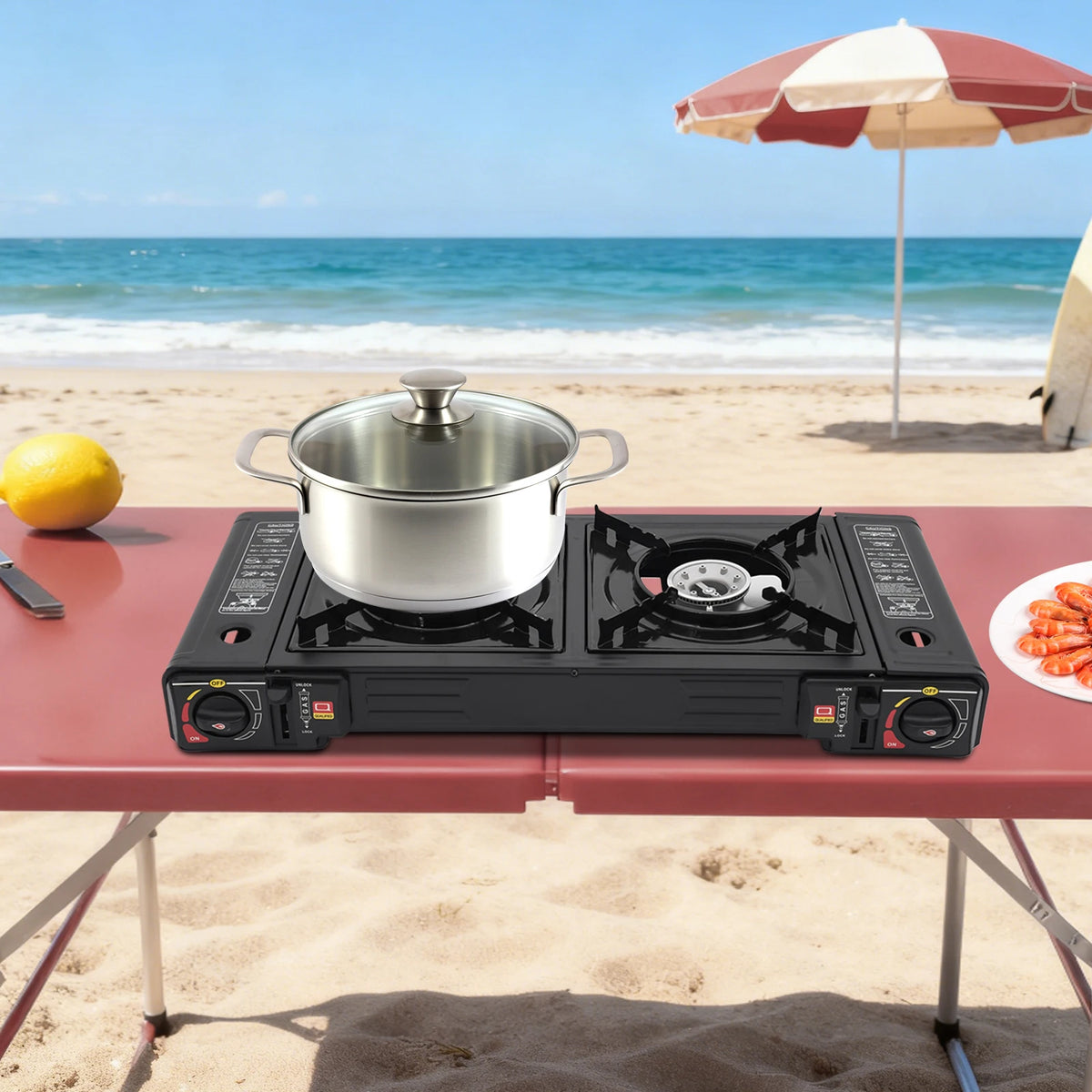Portable Two Burner Camping Gas Stove With Plastic Storage Case