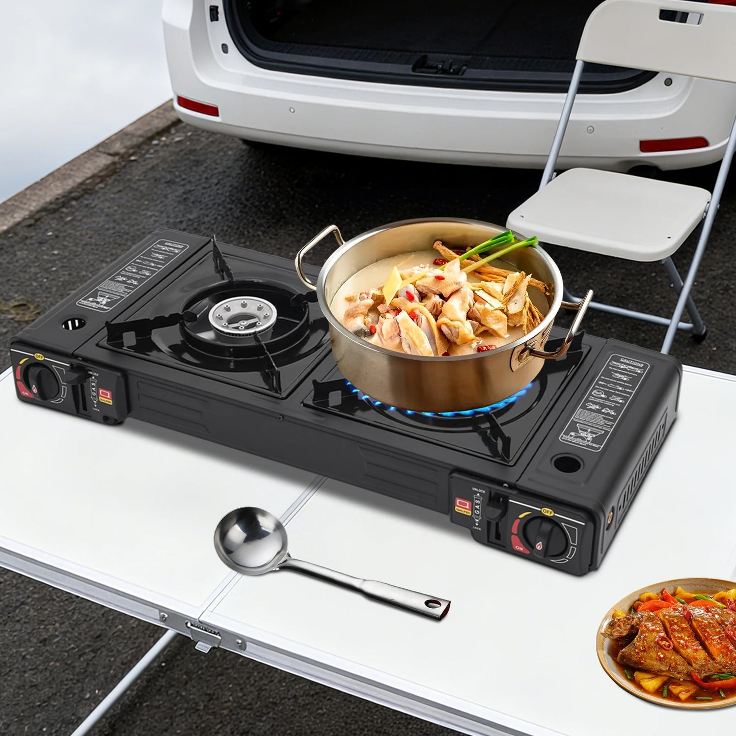 Portable Two Burner Camping Gas Stove With Plastic Storage Case