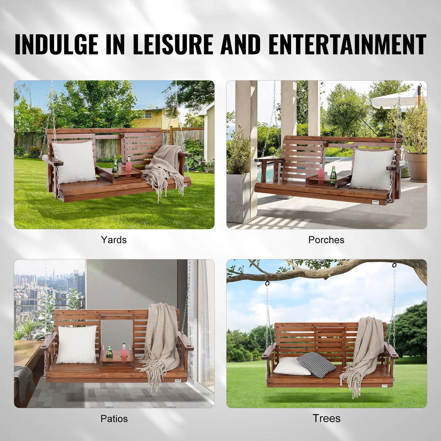 SucceBuy Cedar Wood Porch Swing Outdoor Patio Bench With Chains