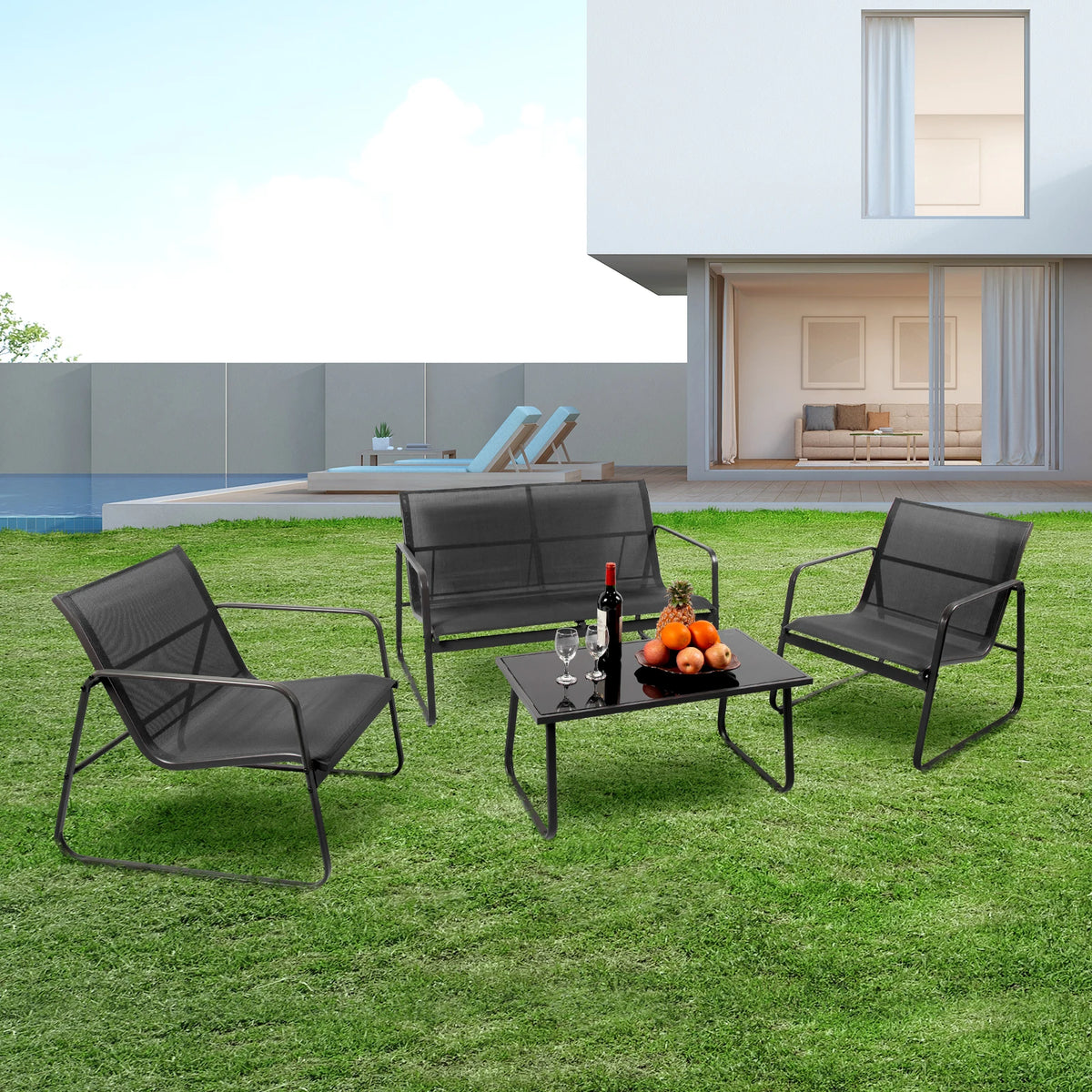 JHK Outdoor Patio Furniture 4 Piece Set Table Metal Frame
