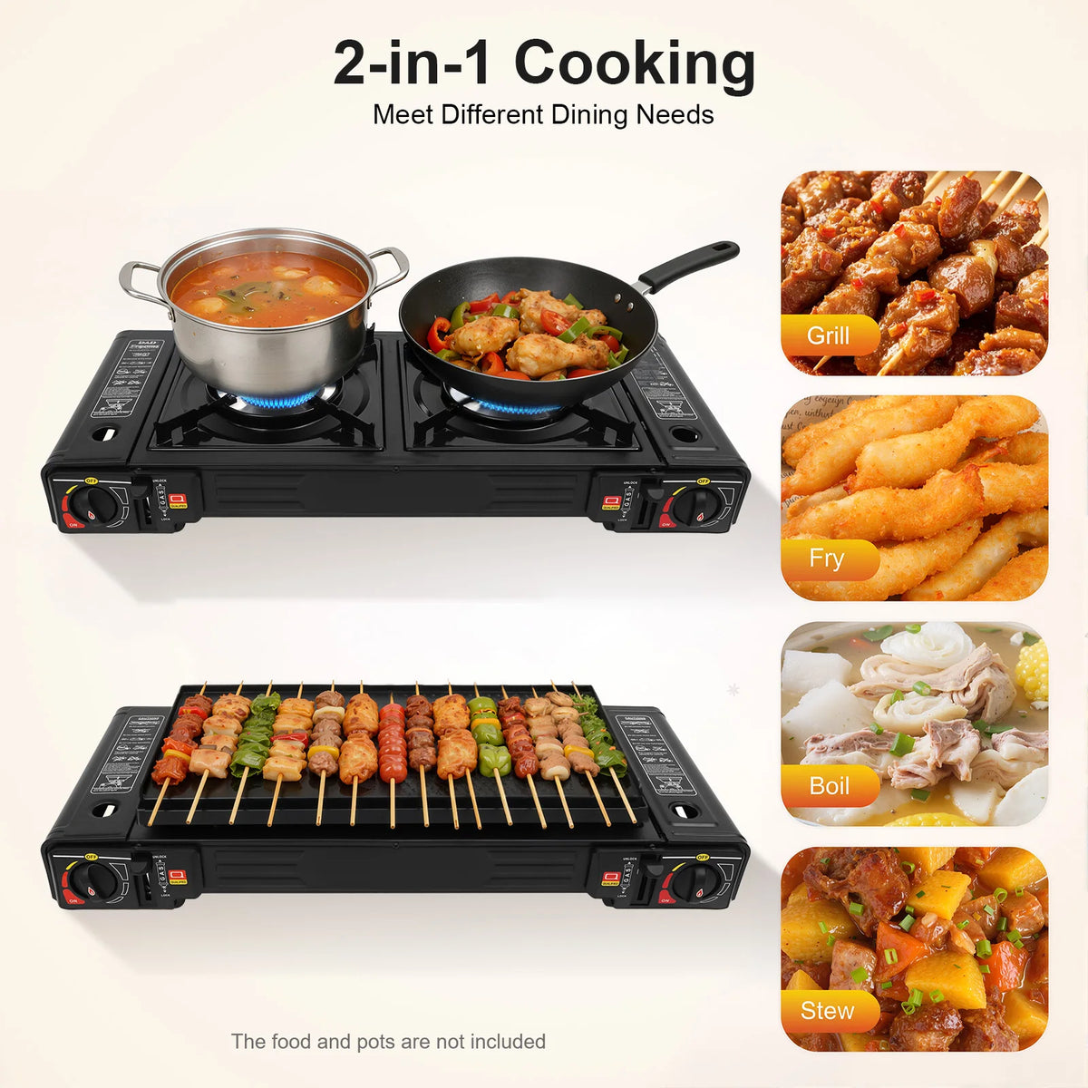 Portable Dual Burner Butane Camping Stove With Aluminum Baking Tray