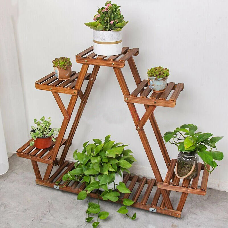 Carbonized Triangle 6-Tier Corner Wood Plant Stand Indoor Outdoor