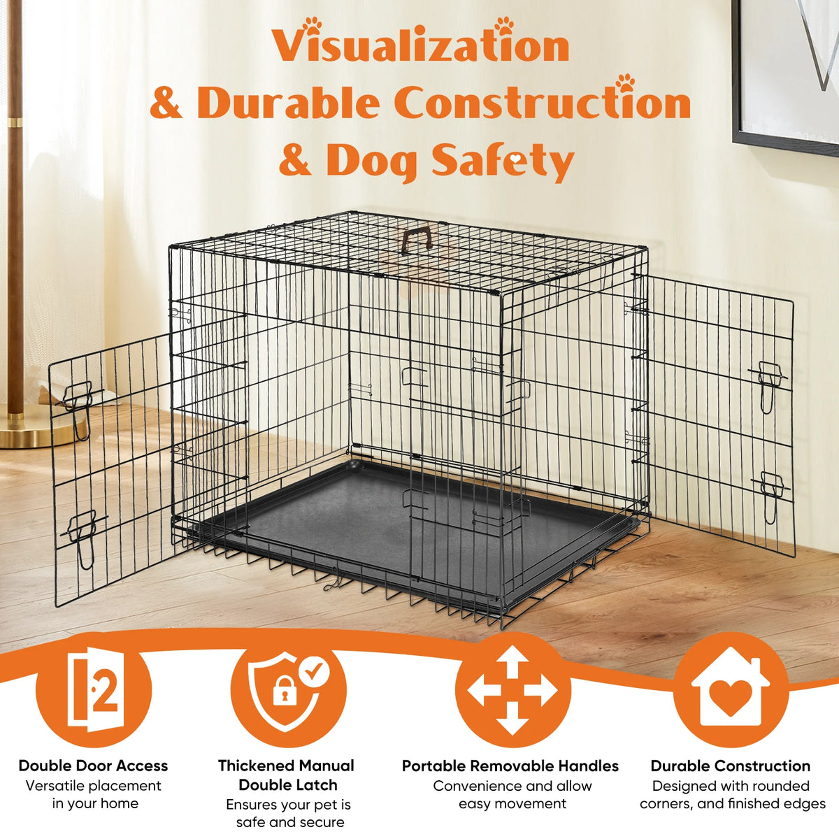 JHK Folding Metal Dog Cage With Leakproof Tray Outdoor Travel
