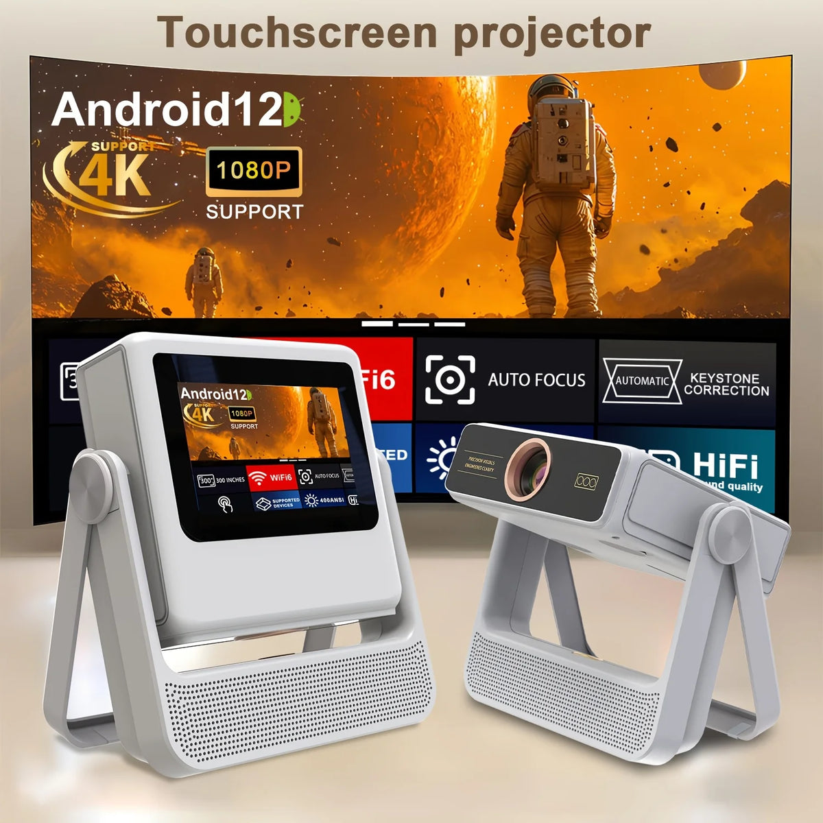 4K Touch Screen Portable Projector With WiFi Bluetooth Auto Focus