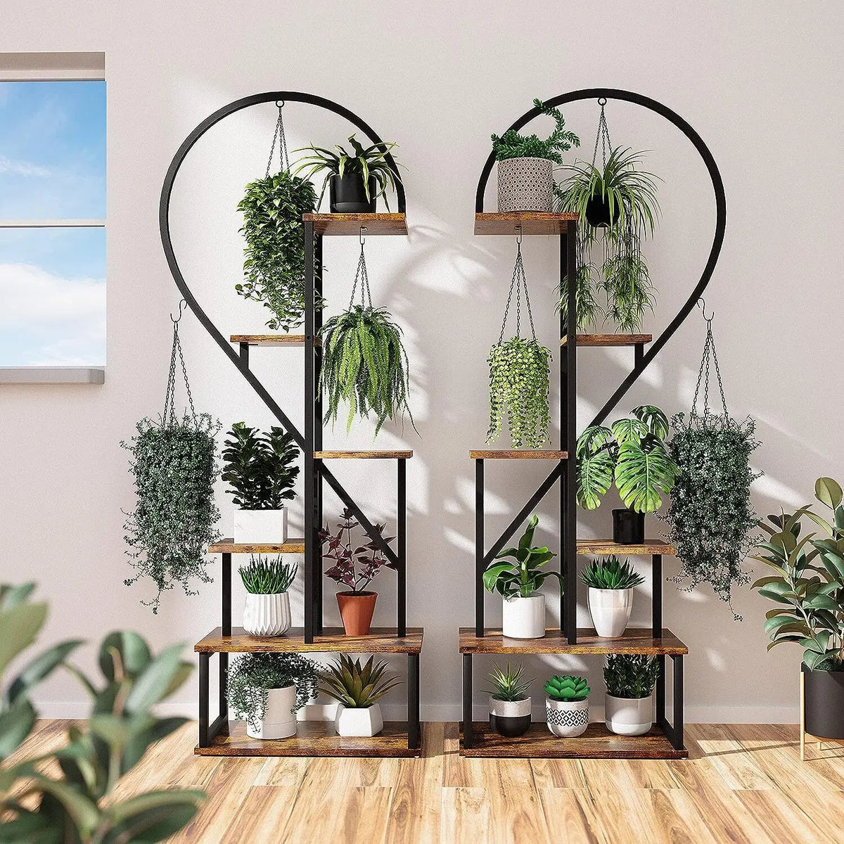 Half Heart Plant Stand With Hooks 6 Tiers Garden Display