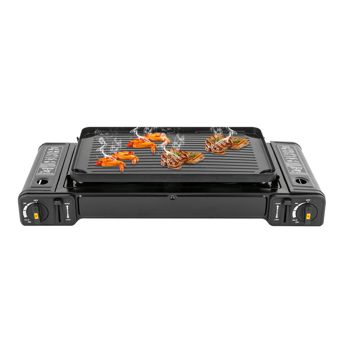 Portable Dual Burner Butane Camping Stove With Aluminum Baking Tray