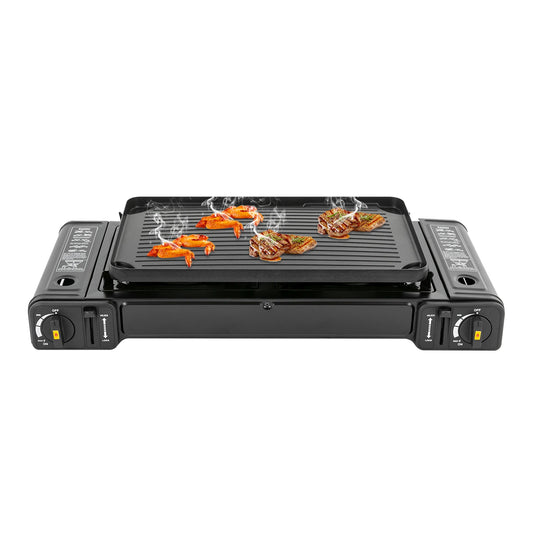 Portable Dual Burner Butane Camping Stove With Aluminum Baking Tray