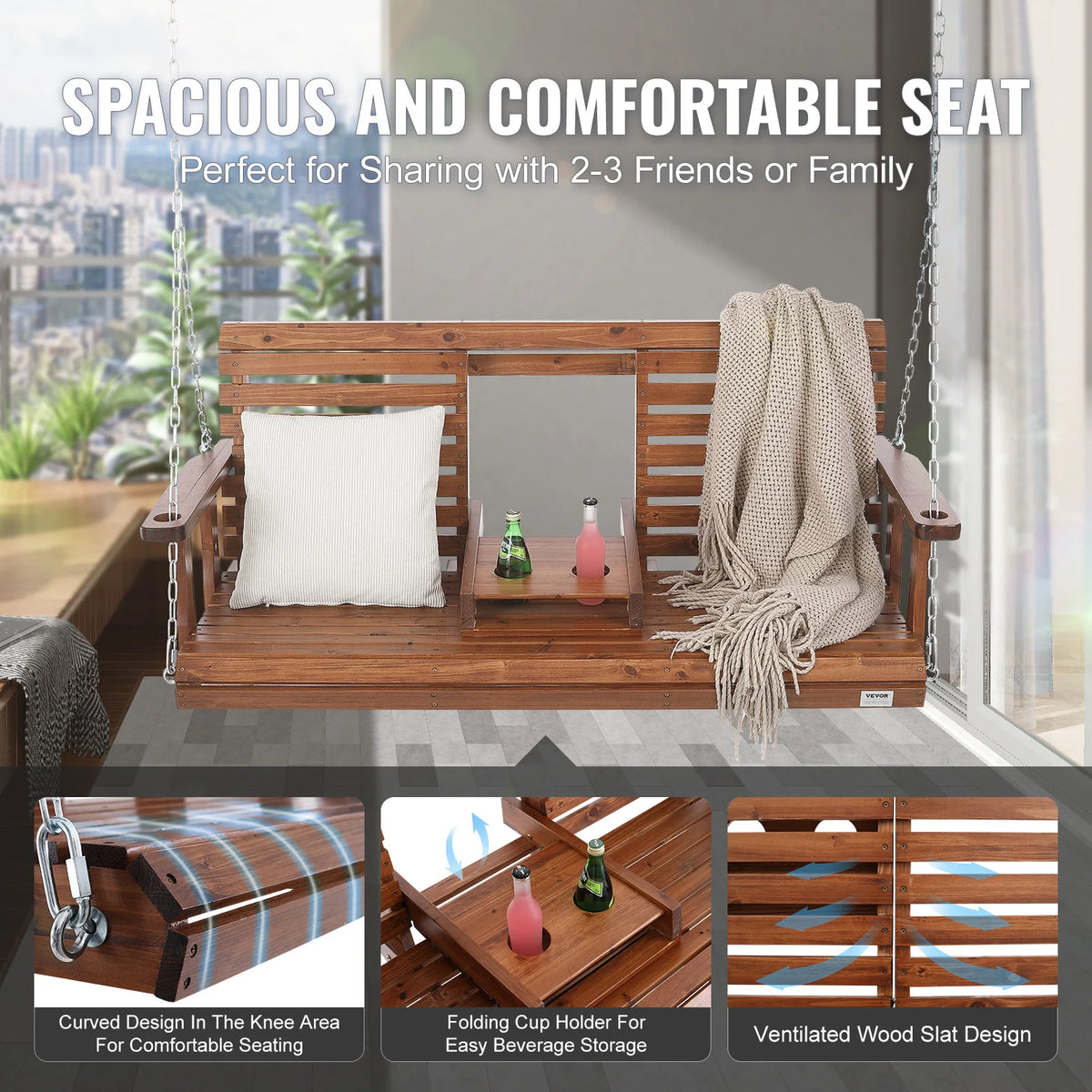 SucceBuy Cedar Wood Porch Swing Outdoor Patio Bench With Chains