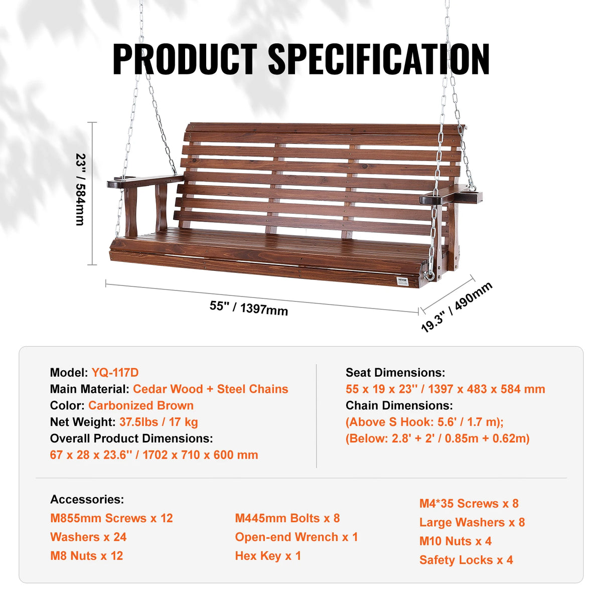 SucceBuy Cedar Wood Porch Swing Outdoor Patio Bench With Chains