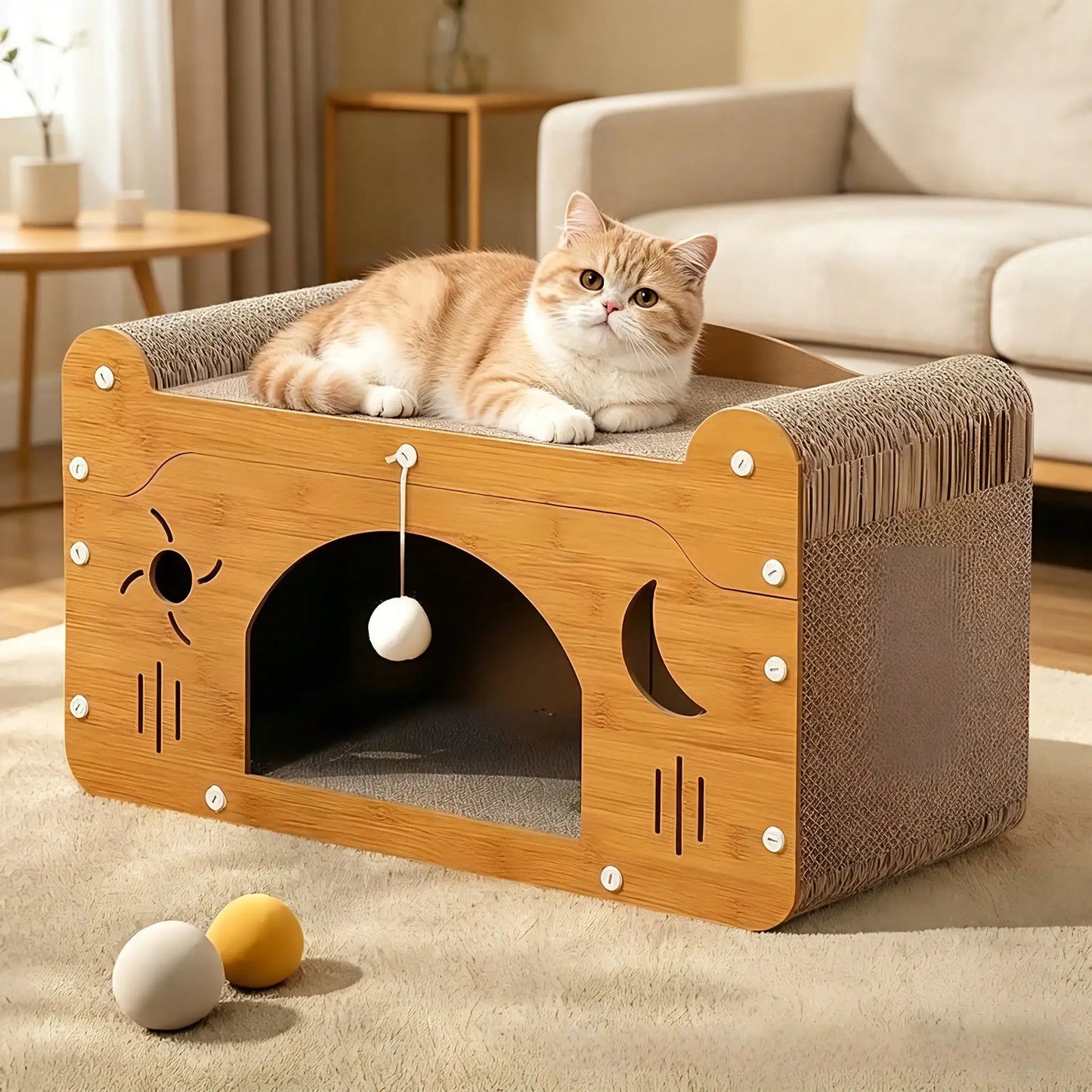 Double Layer Cardboard Cat Scratcher Lounge Bed With Pom Poms