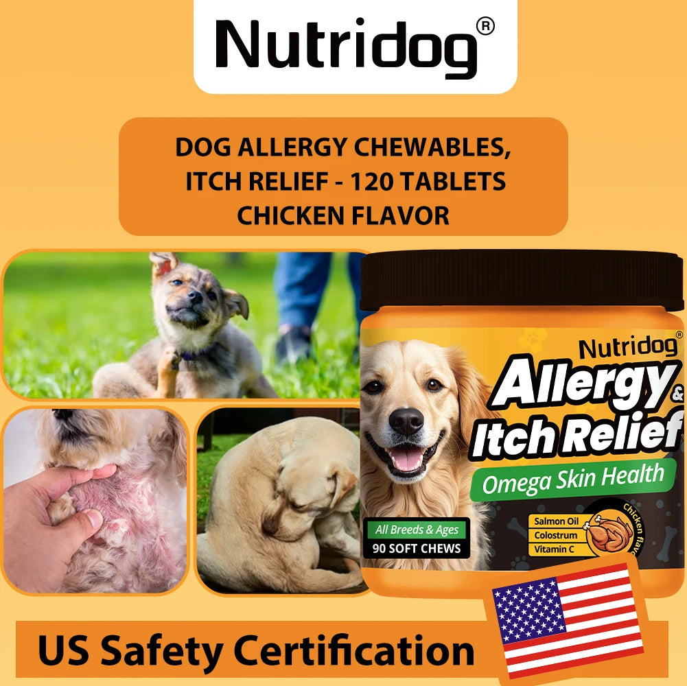 Nutridog Dog Allergy Relief Chews Omega Vitamin C Supplement