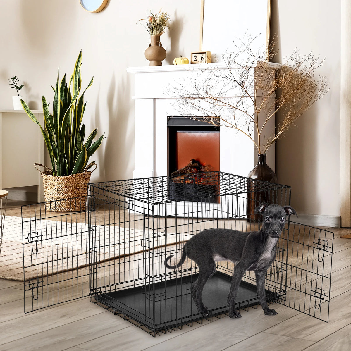 JHK Folding Metal Dog Cage With Leakproof Tray Outdoor Travel