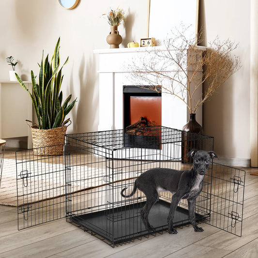 JHK Folding Metal Dog Cage With Leakproof Tray Outdoor Travel