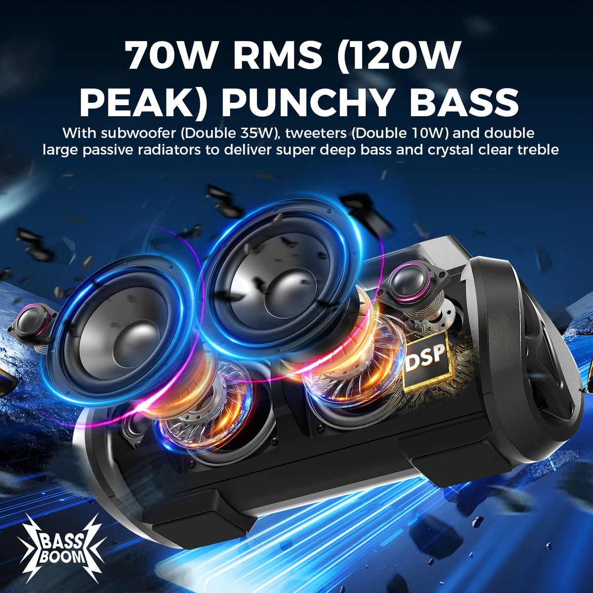 W-King 70W RMS Bluetooth Portable Speaker IPX6 Waterproof