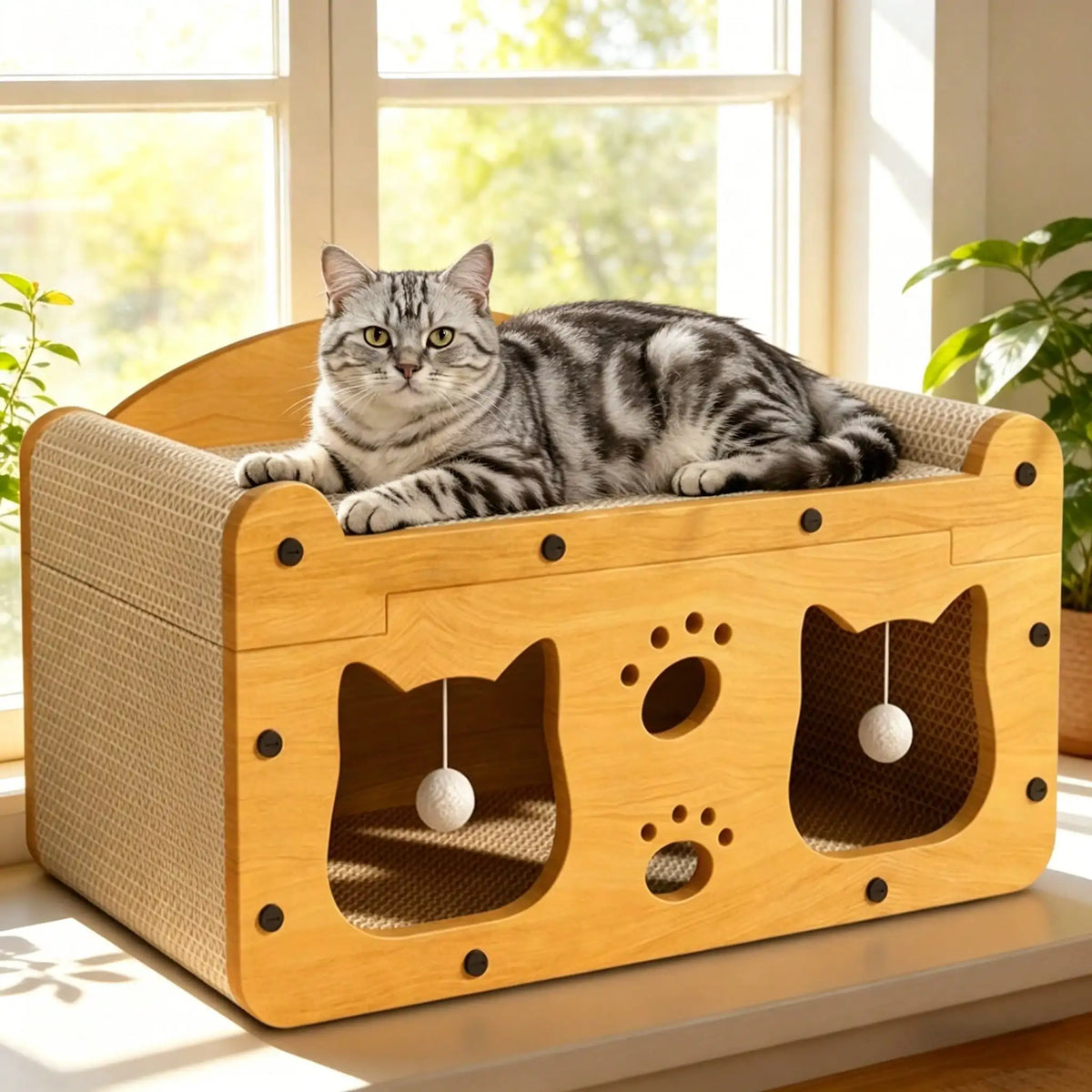 Double Layer Cardboard Cat Scratcher Lounge Bed With Pom Poms