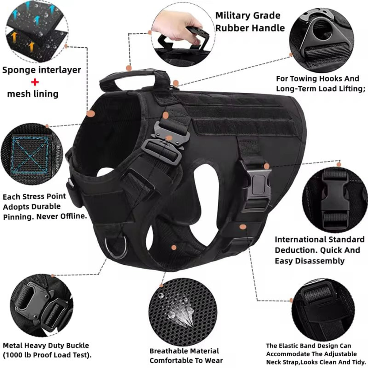 Tactical Dog Harness With Molle Pouches For Medium Dogs
