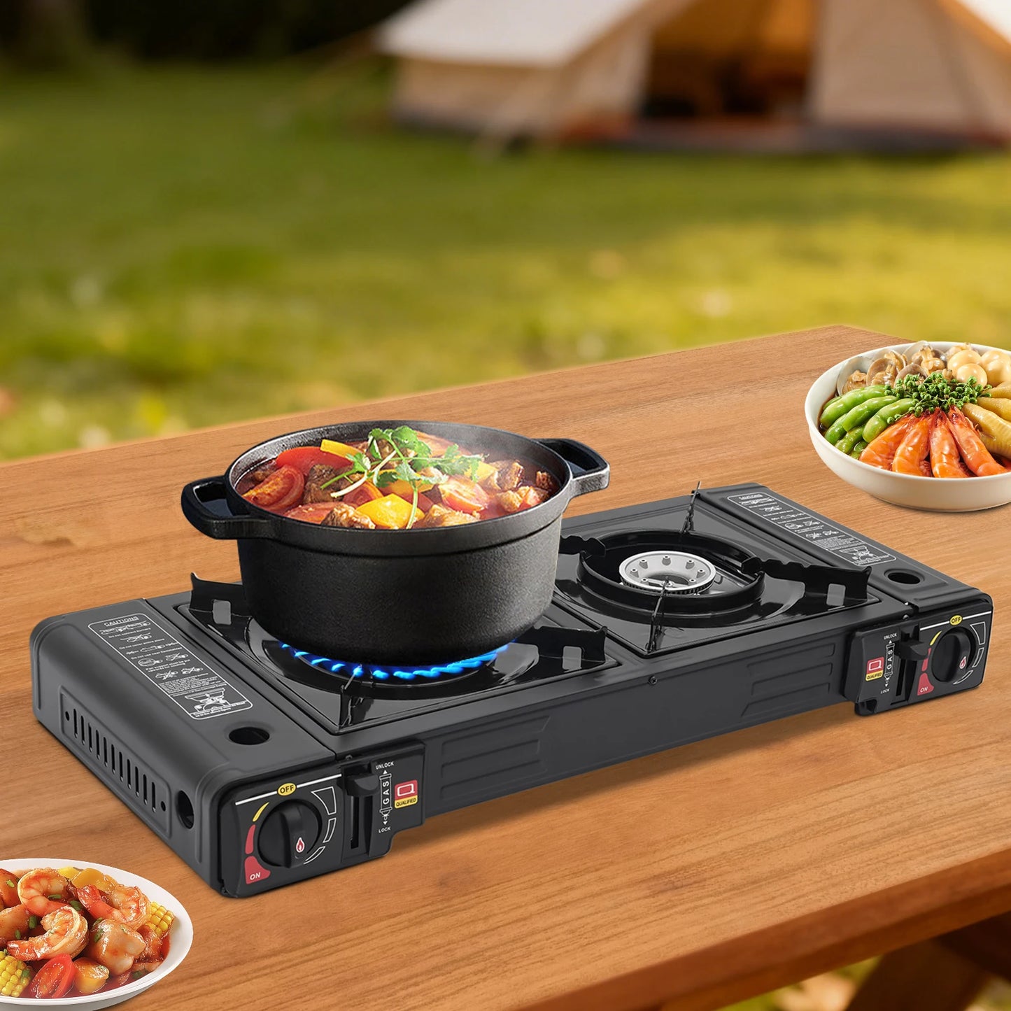 Portable Two Burner Camping Gas Stove With Plastic Storage Case