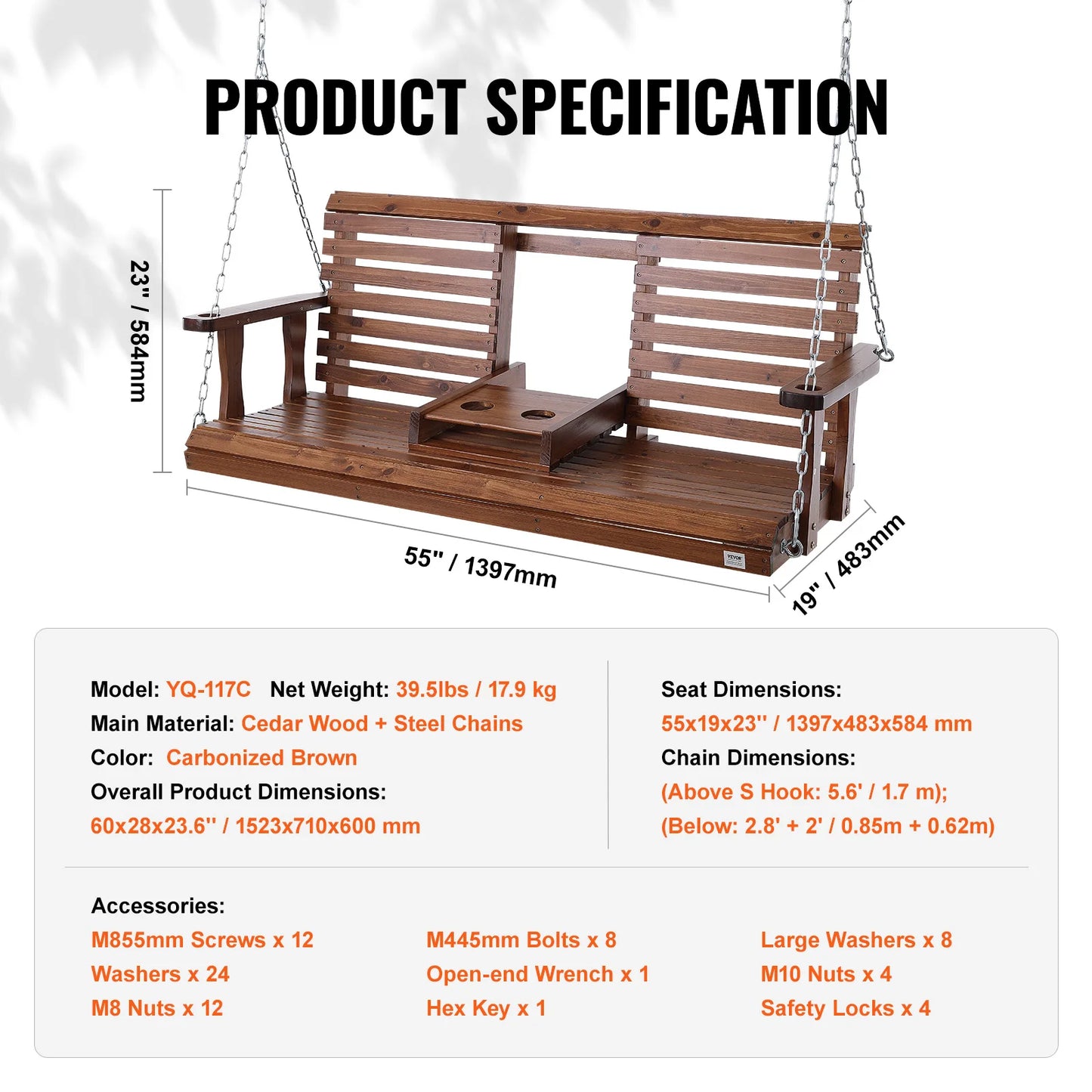 SucceBuy Cedar Wood Porch Swing Outdoor Patio Bench With Chains