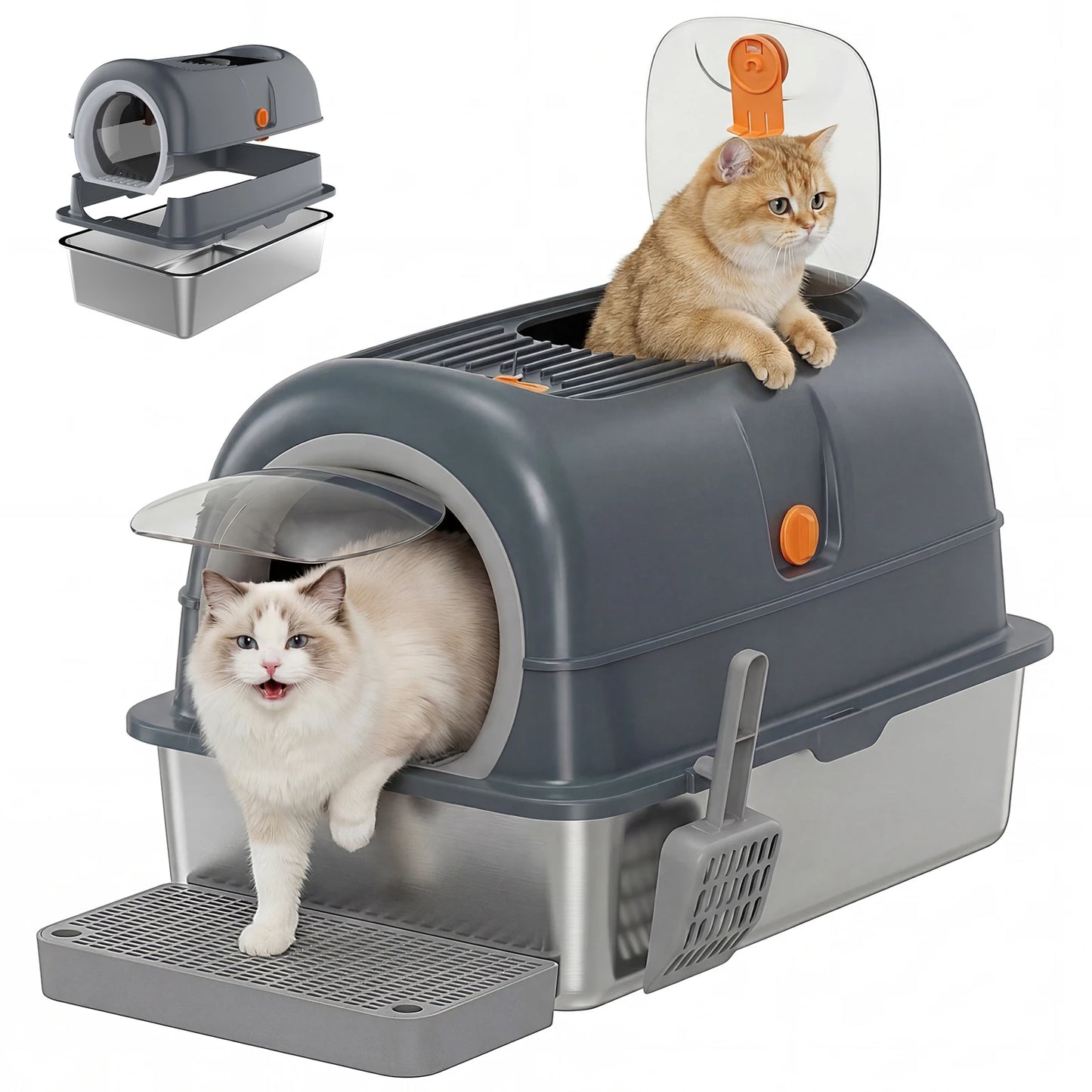 Stainless Steel Enclosed Cat Litter Box With Scoop And Mat